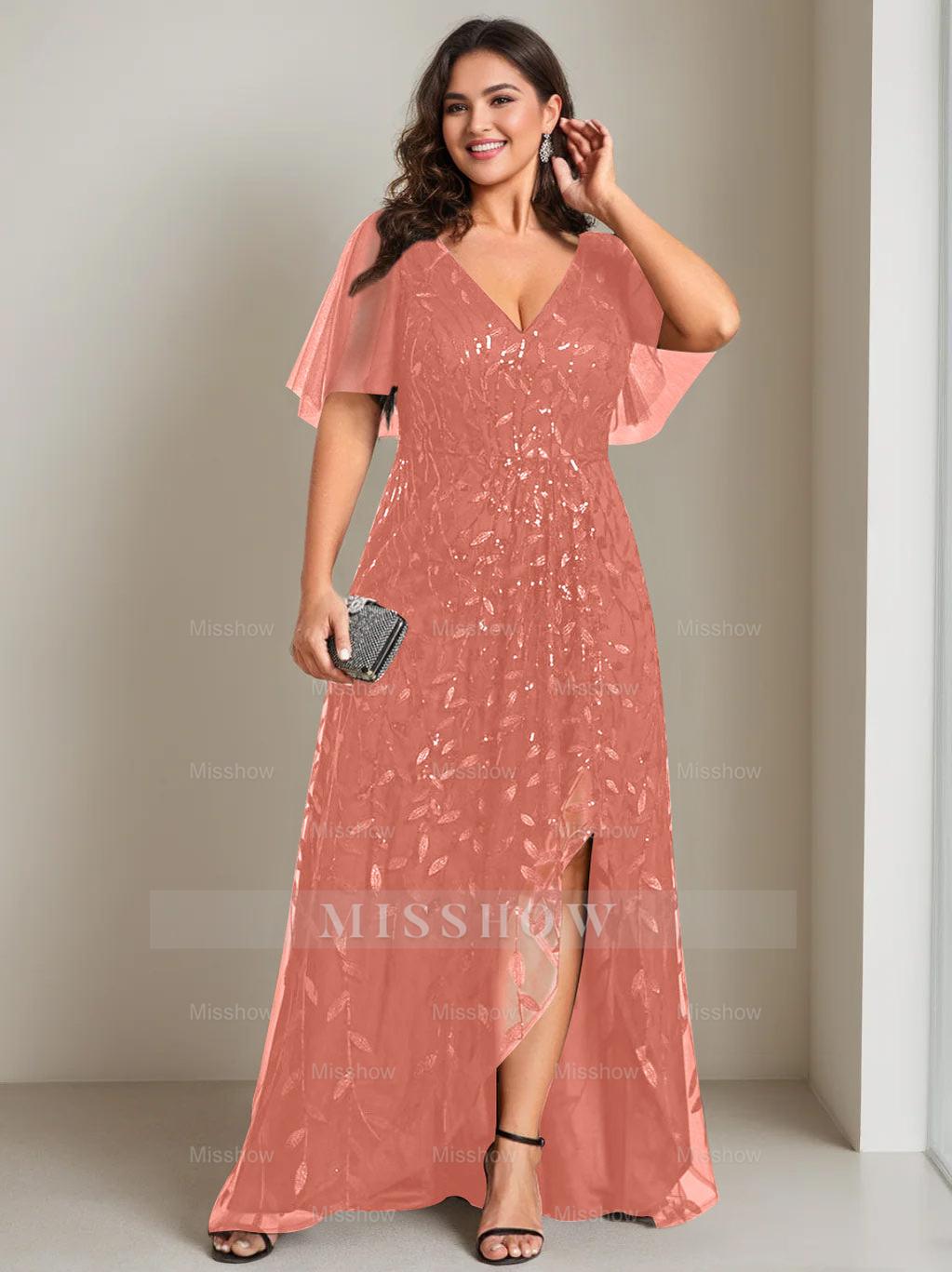 Plus Size Asymmetrical A-Line Princess V-Neck Short Sleeve Mother of the Bride Dress with Sequins