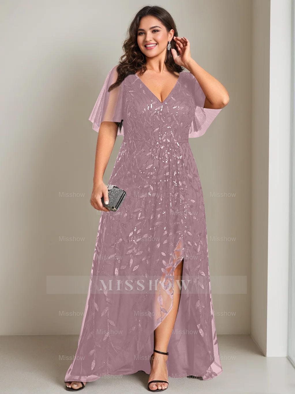 Plus Size Asymmetrical A-Line Princess V-Neck Short Sleeve Mother of the Bride Dress with Sequins