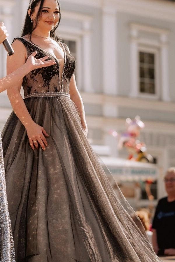 Brown v-neck applique A-line wedding dress