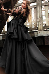 Plus Size Black Ball Gown Wedding Dress Illusion High Neck Long Lace Sleeves Rose Floral Bodice Tiered Satin Oversized Bow Gothic Bridal Gown