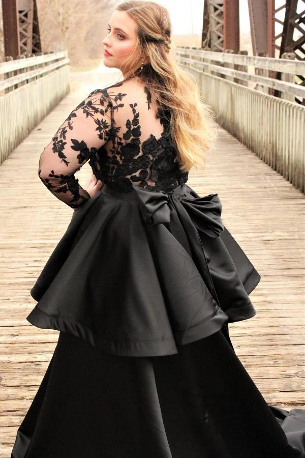 Plus Size Black Ball Gown Wedding Dress Illusion High Neck Long Lace Sleeves Rose Floral Bodice Tiered Satin Oversized Bow Gothic Bridal Gown