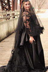 Plus Size Black Ball Gown Wedding Dress Illusion High Neck Long Lace Sleeves Rose Floral Bodice Tiered Satin Oversized Bow Gothic Bridal Gown