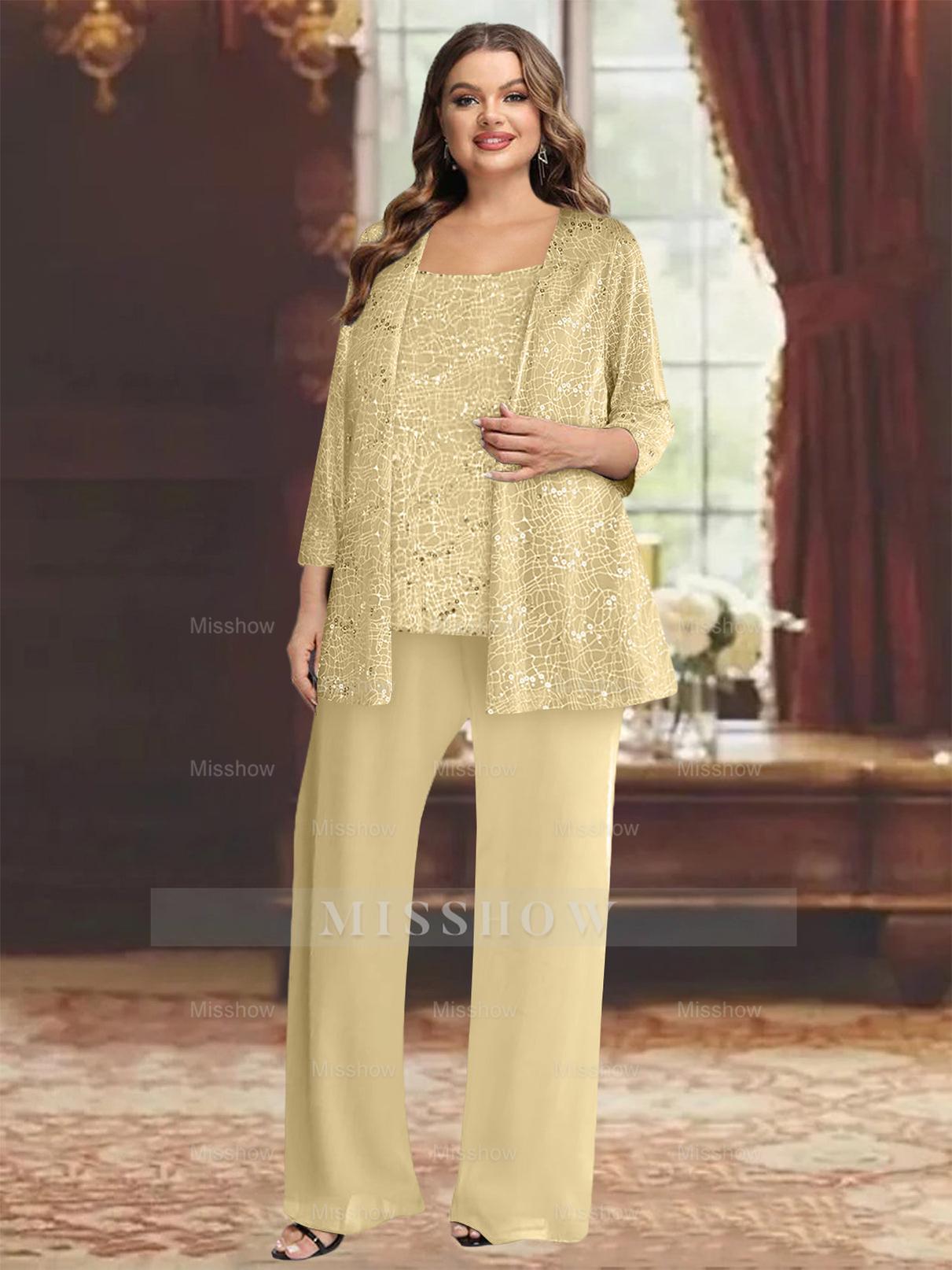 Plus Size Chiffon Mother of the Bride Pantsuit with Sequined Jacket