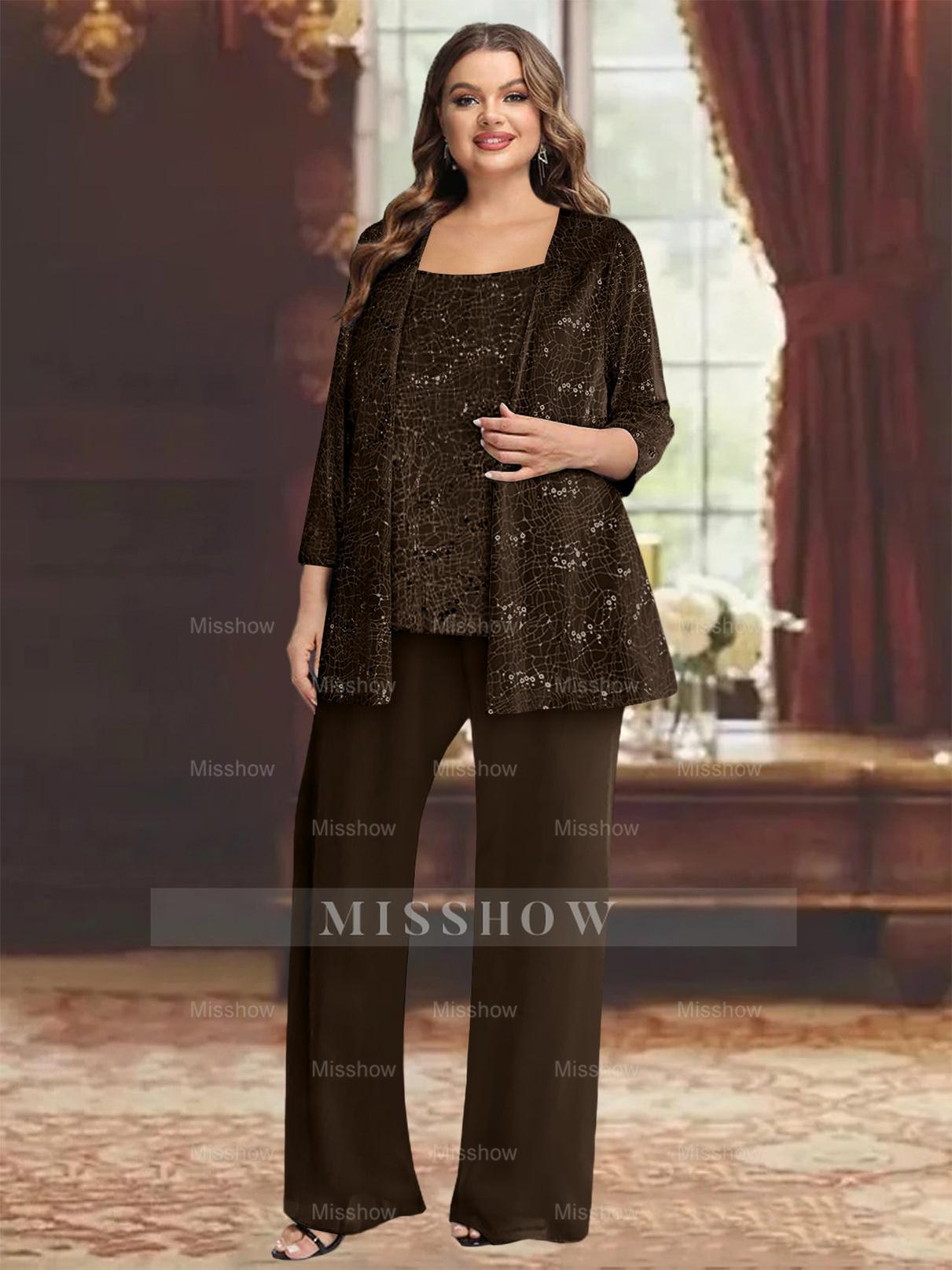Plus Size Chiffon Mother of the Bride Pantsuit with Sequined Jacket
