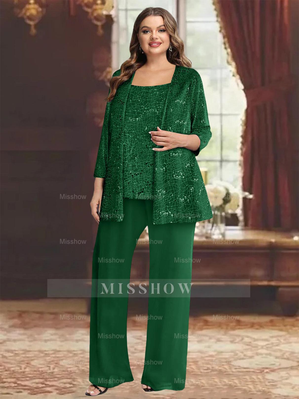 Plus Size Chiffon Mother of the Bride Pantsuit with Sequined Jacket