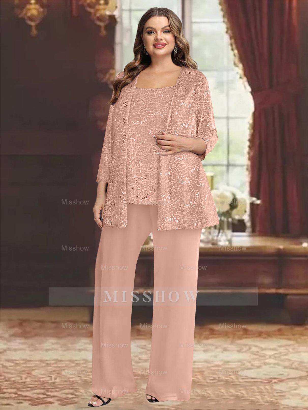 Plus Size Chiffon Mother of the Bride Pantsuit with Sequined Jacket