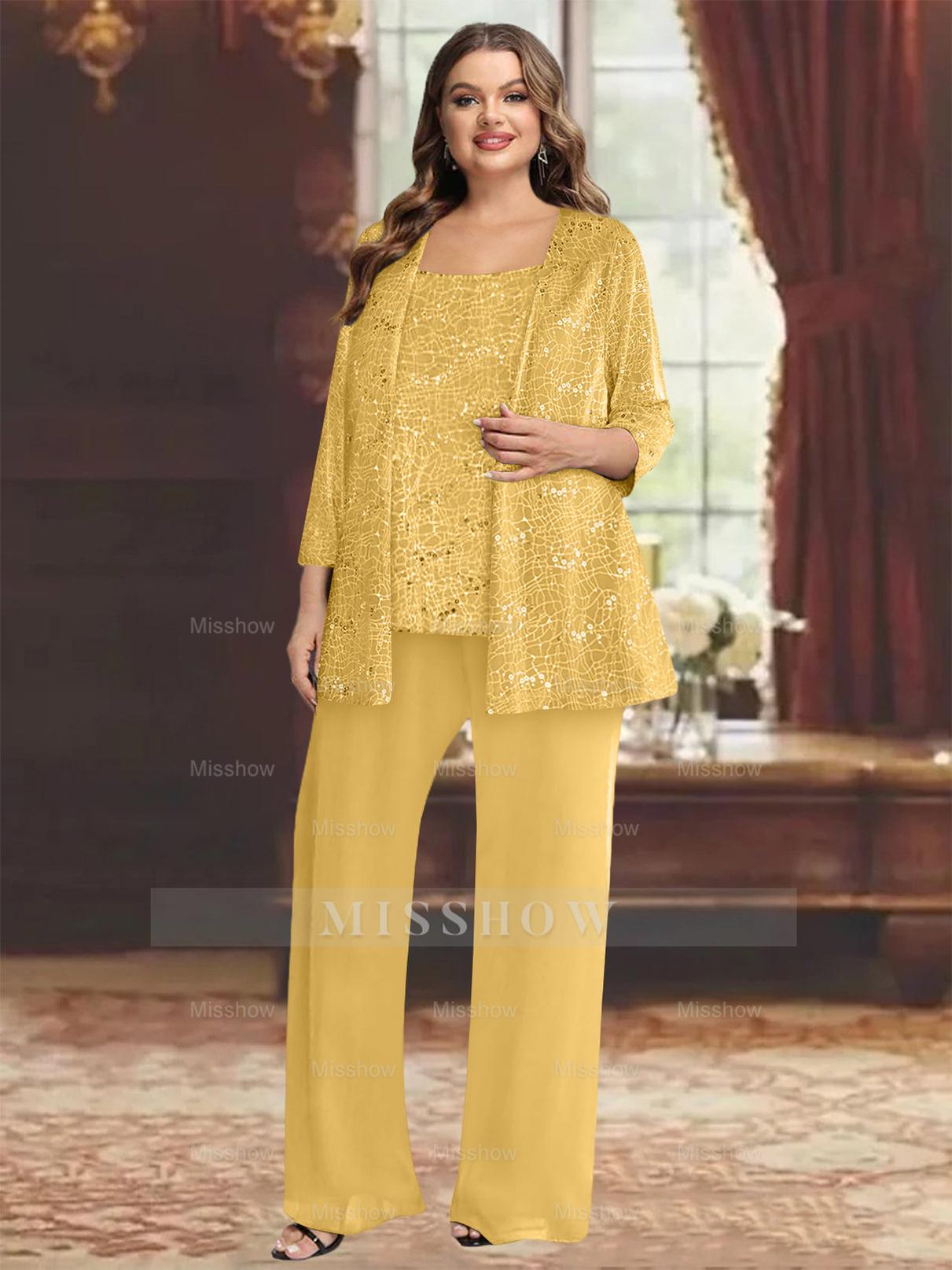 Plus Size Chiffon Mother of the Bride Pantsuit with Sequined Jacket