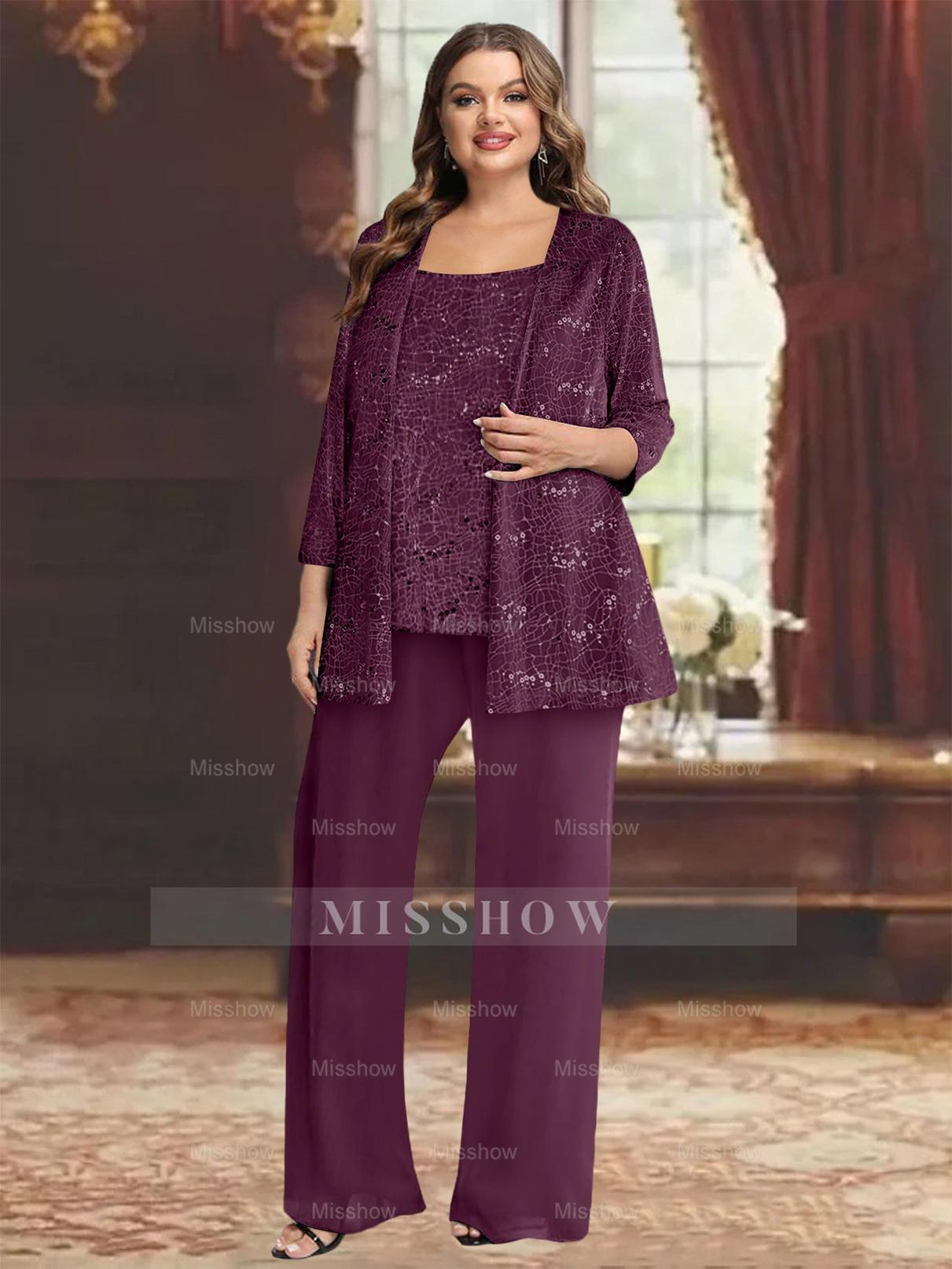 Plus Size Chiffon Mother of the Bride Pantsuit with Sequined Jacket
