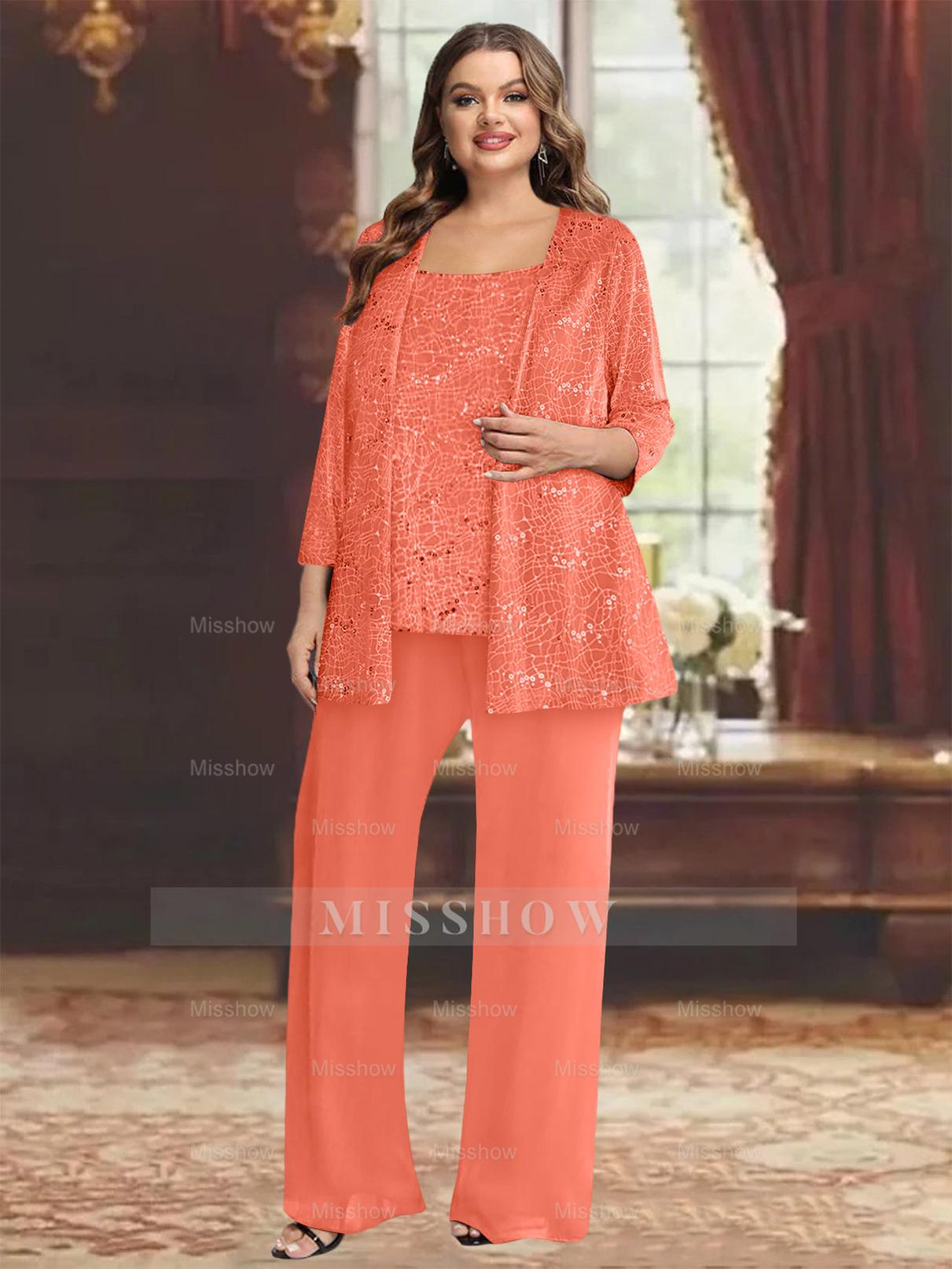 Plus Size Chiffon Mother of the Bride Pantsuit with Sequined Jacket