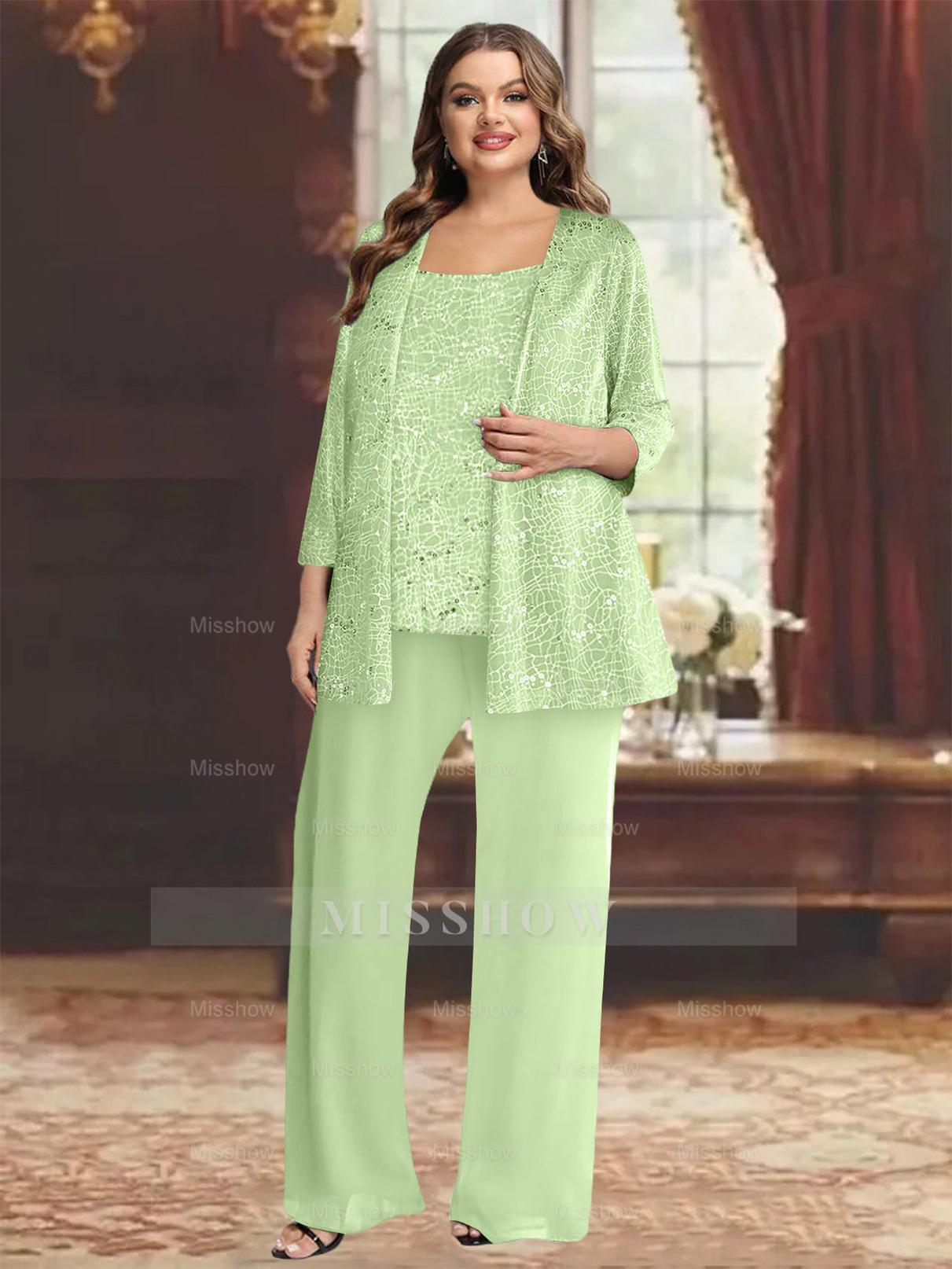 Plus Size Chiffon Mother of the Bride Pantsuit with Sequined Jacket