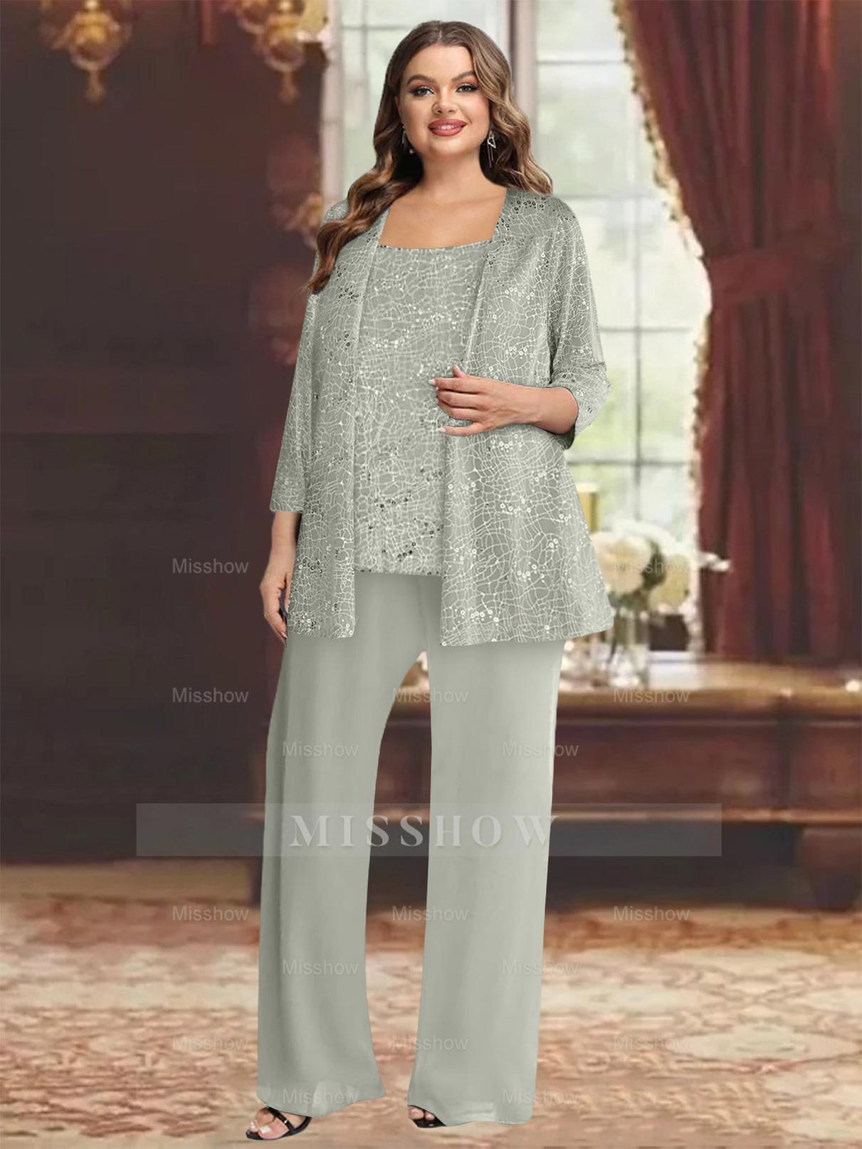 Plus Size Chiffon Mother of the Bride Pantsuit with Sequined Jacket