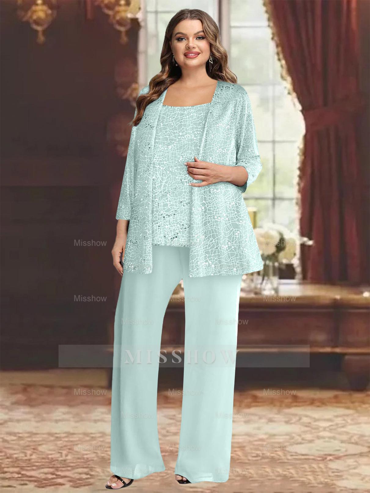 Plus Size Chiffon Mother of the Bride Pantsuit with Sequined Jacket