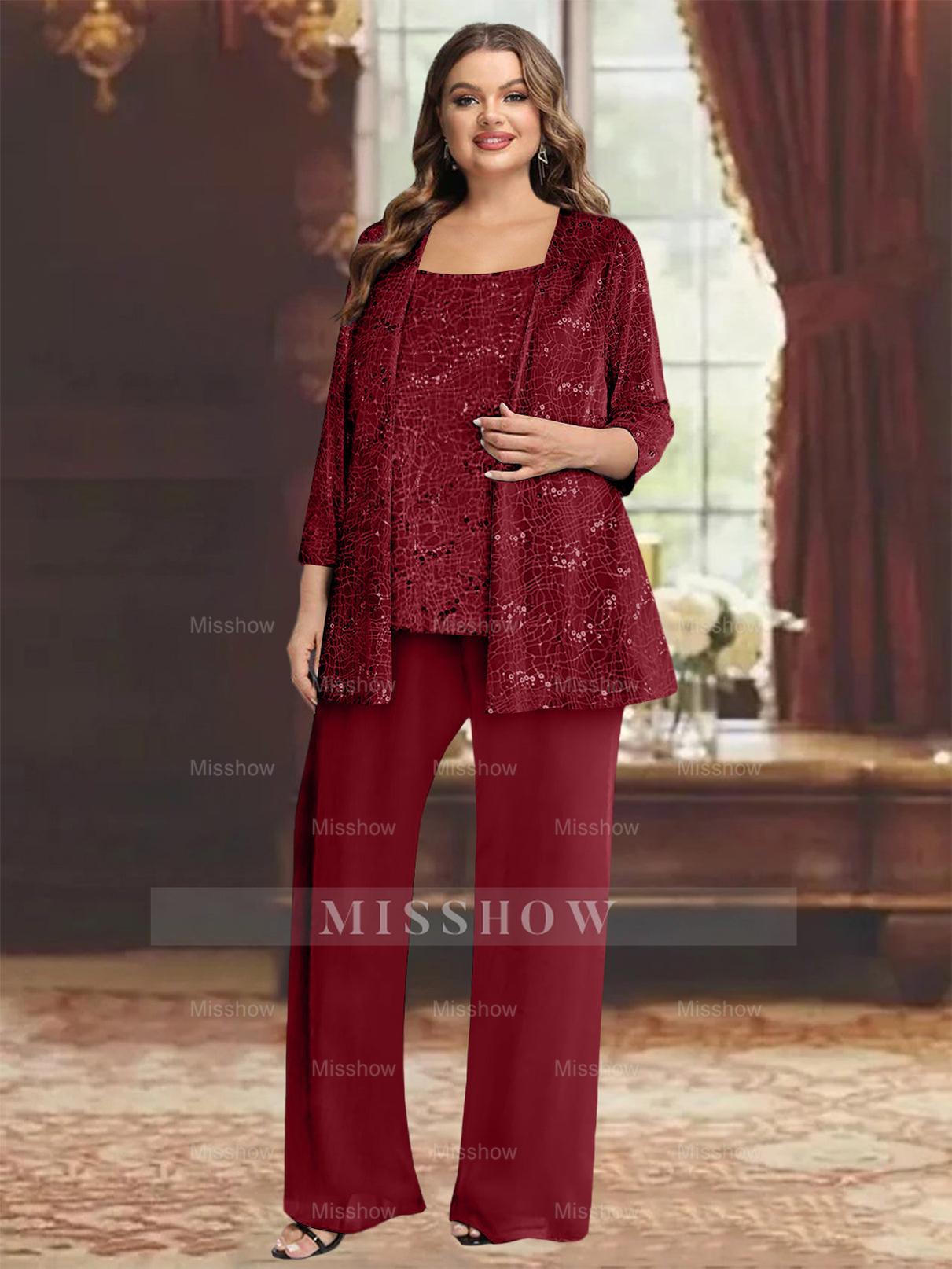 Plus Size Chiffon Mother of the Bride Pantsuit with Sequined Jacket