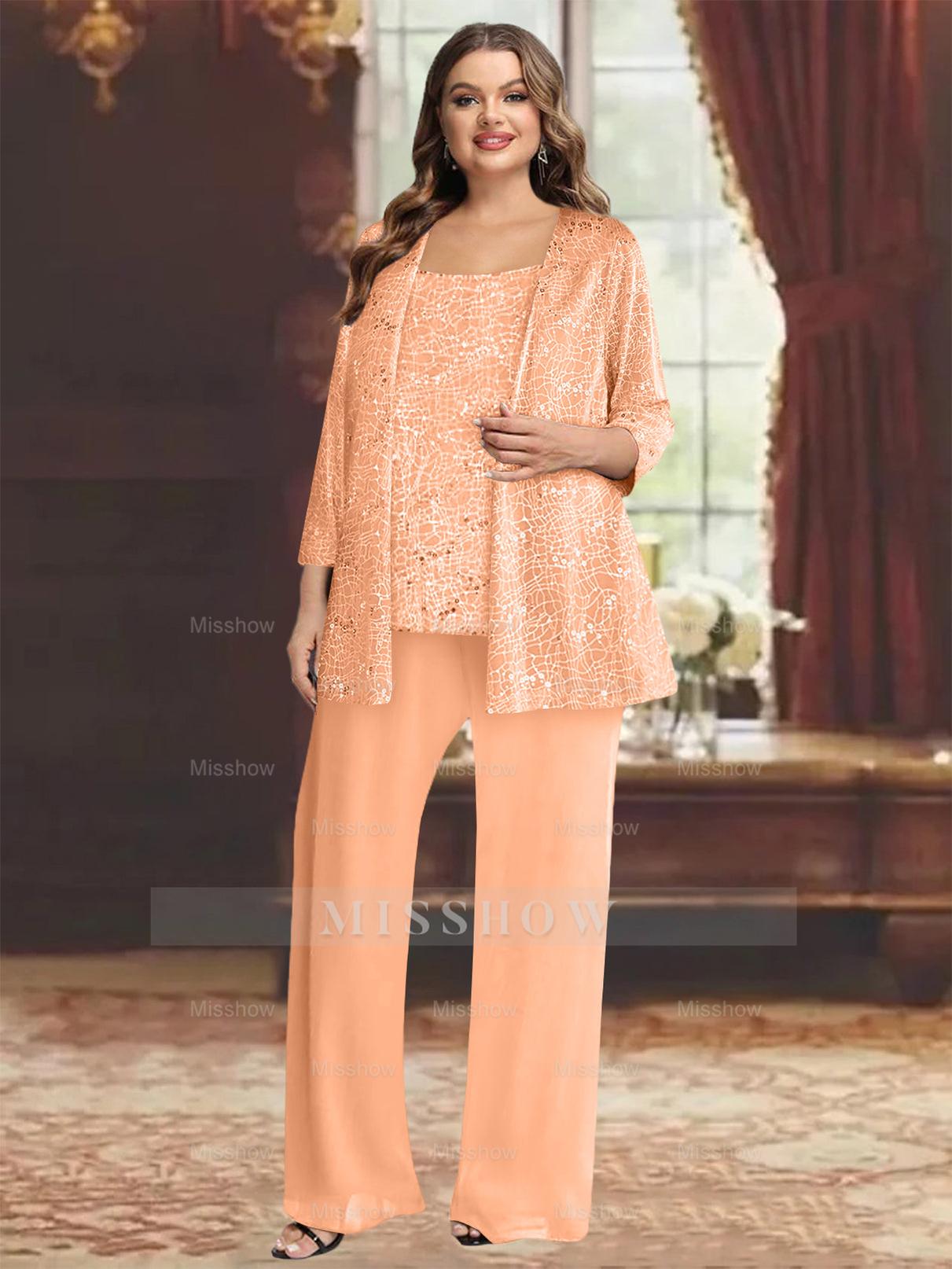 Plus Size Chiffon Mother of the Bride Pantsuit with Sequined Jacket