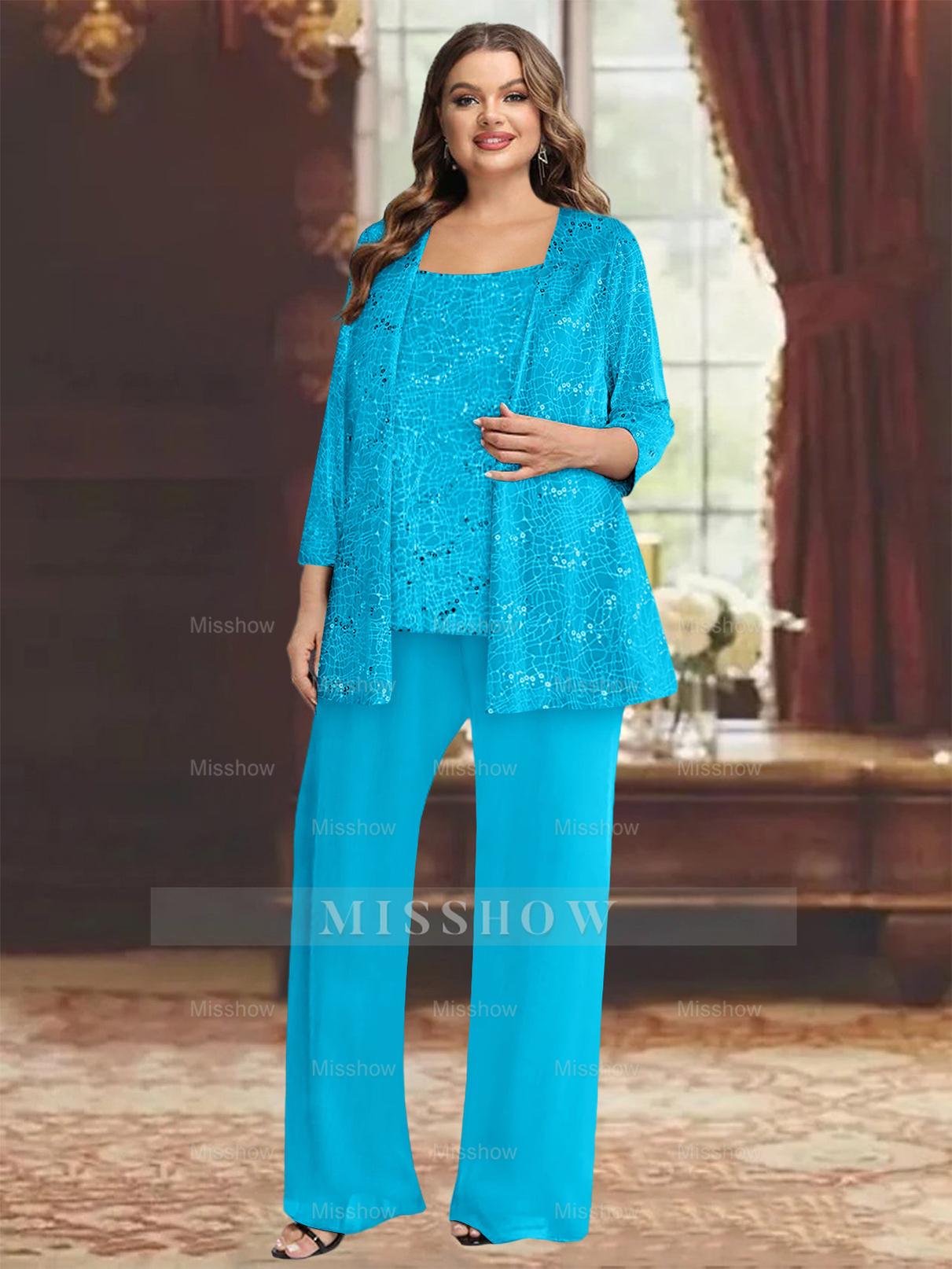 Plus Size Chiffon Mother of the Bride Pantsuit with Sequined Jacket
