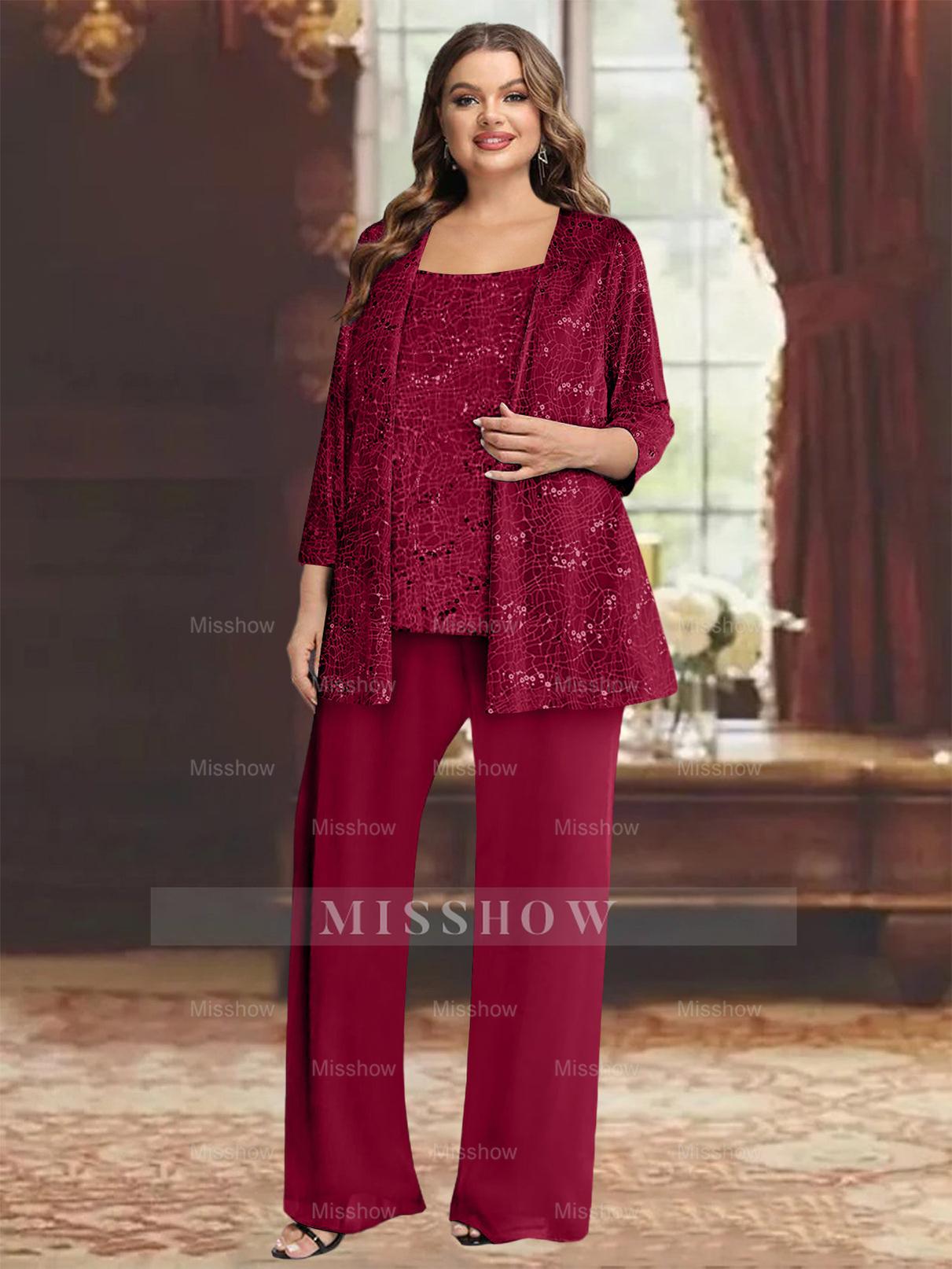Plus Size Chiffon Mother of the Bride Pantsuit with Sequined Jacket