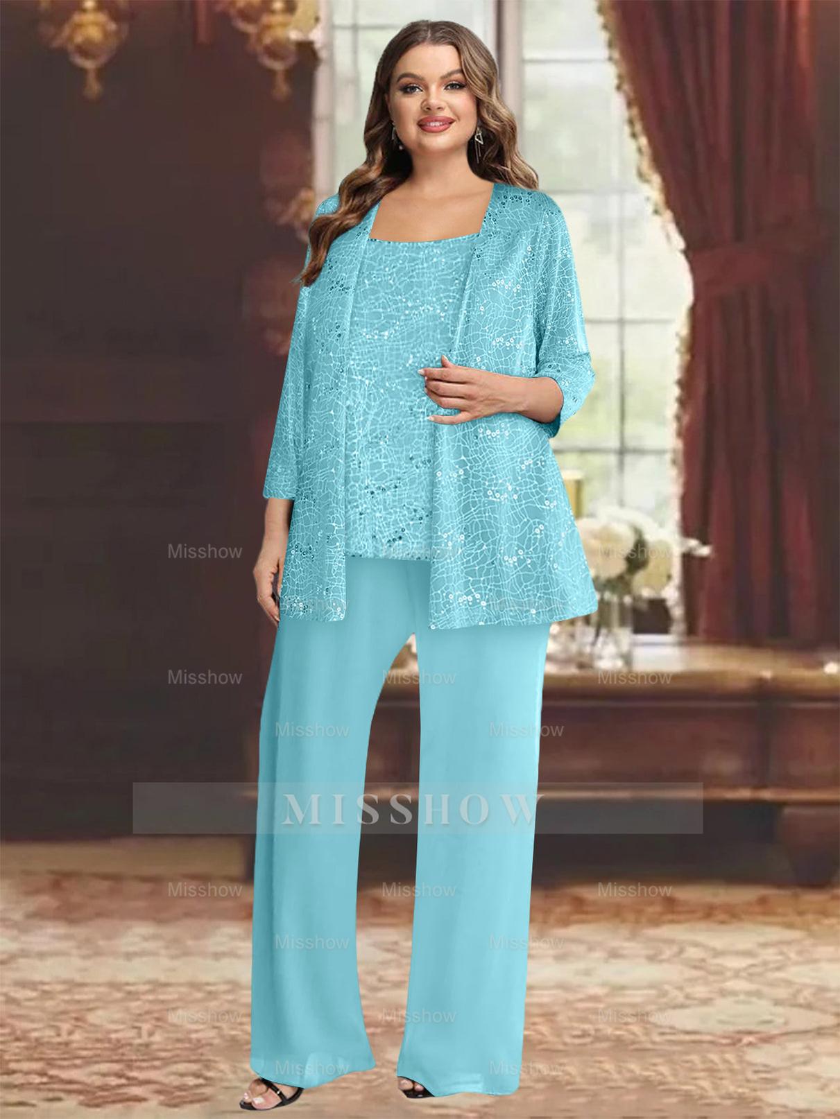 Plus Size Chiffon Mother of the Bride Pantsuit with Sequined Jacket