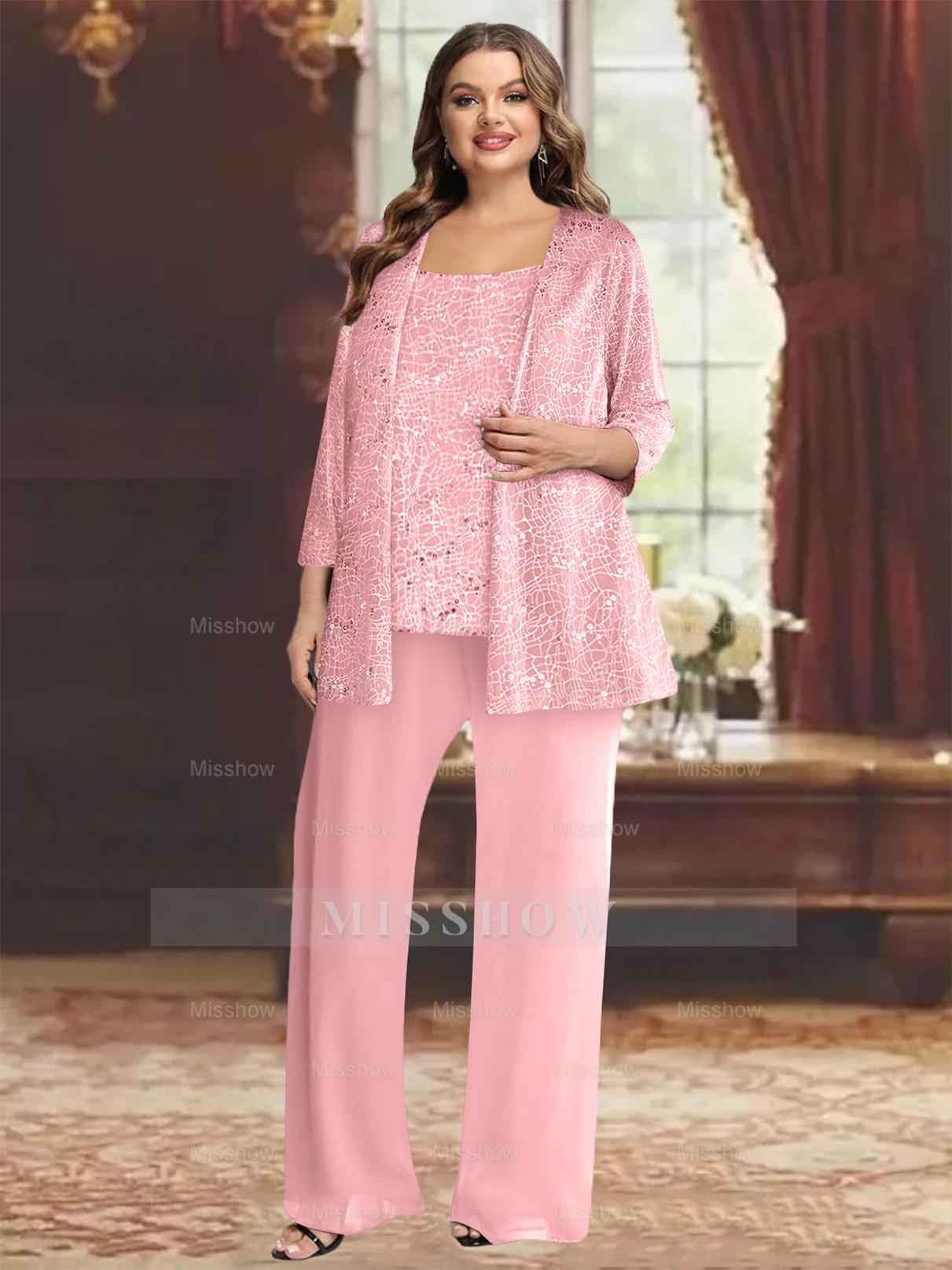 Plus Size Chiffon Mother of the Bride Pantsuit with Sequined Jacket