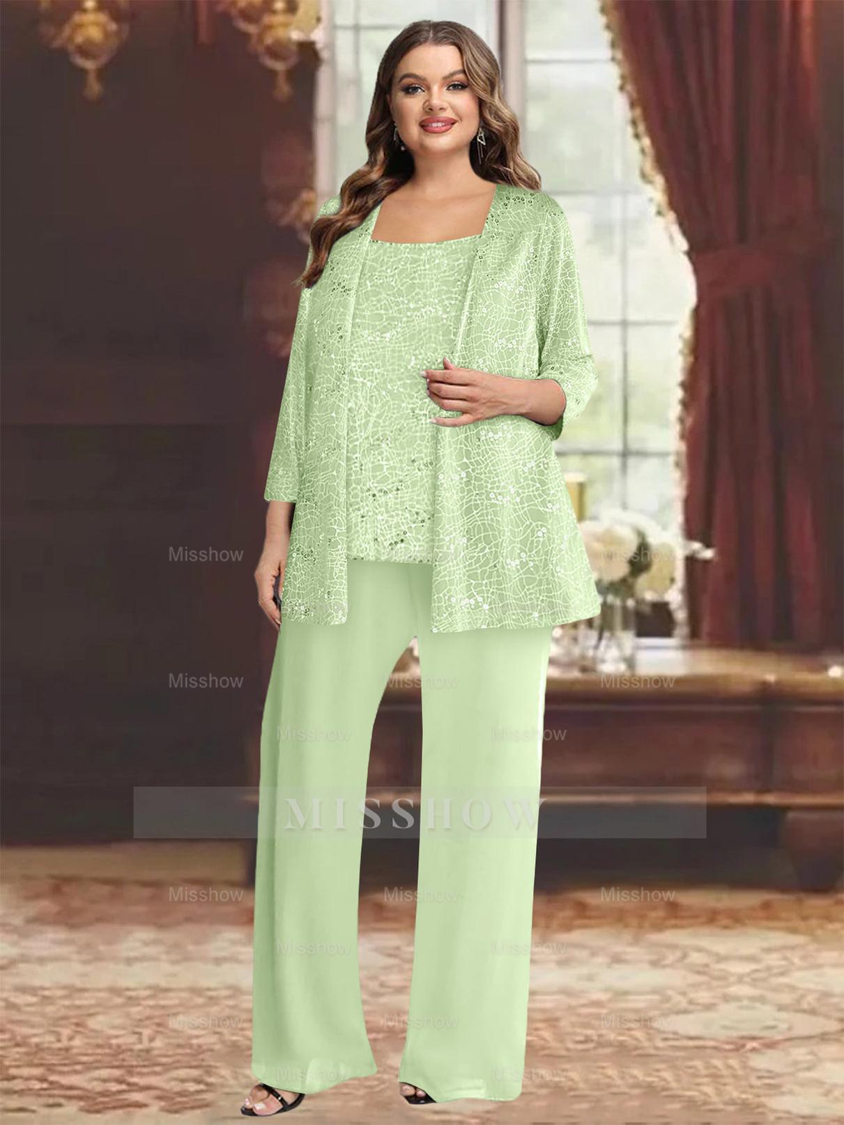 Plus Size Chiffon Mother of the Bride Pantsuit with Sequined Jacket
