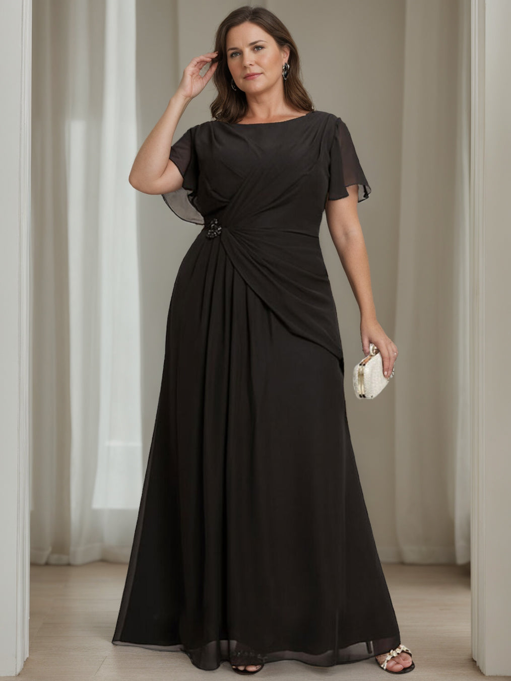 Plus Size Floor-Length A-Line Mother of the Bride Dress with Ruffles Round Neck and Short Sleeves