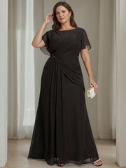 Plus Size Floor-Length A-Line Mother of the Bride Dress with Ruffles Round Neck and Short Sleeves