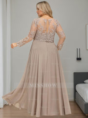 Plus Size Floor-Length A-Line Mother of the Bride Dress with Scoop Neck and Long Sequined Sleeves