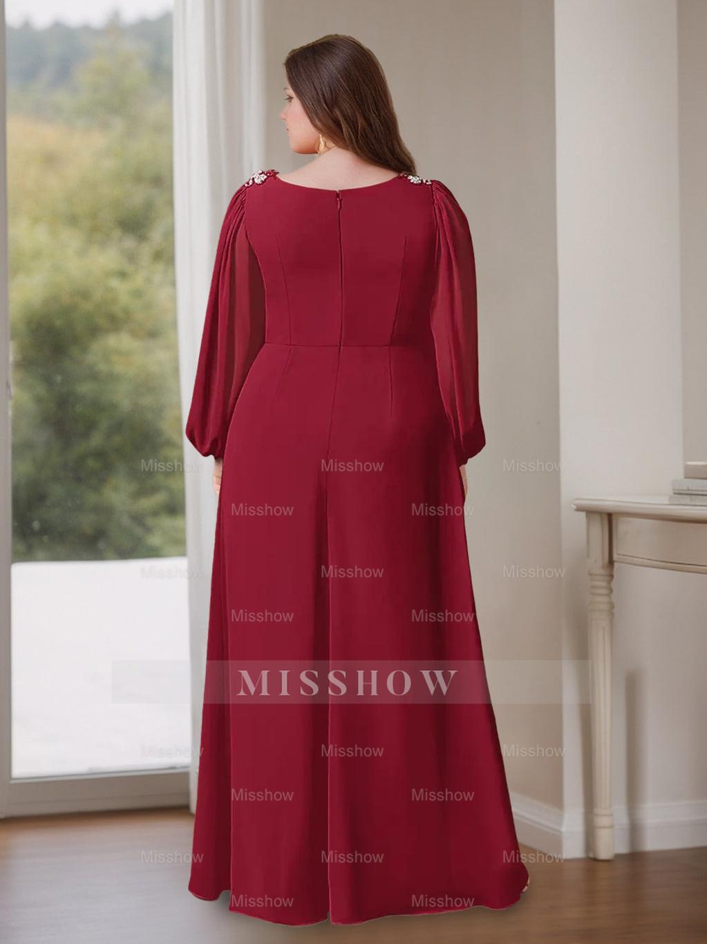 Plus Size Floor-Length A-Line Mother of the Bride Dress with V-Neck and Long Ruffled Sleeves