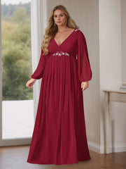Plus Size Floor-Length A-Line Mother of the Bride Dress with V-Neck and Long Ruffled Sleeves