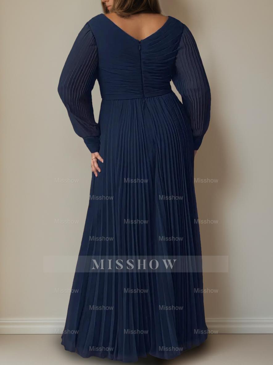Plus Size Floor-Length A-Line Mother of the Bride Dress with V-Neck and Long Sleeves