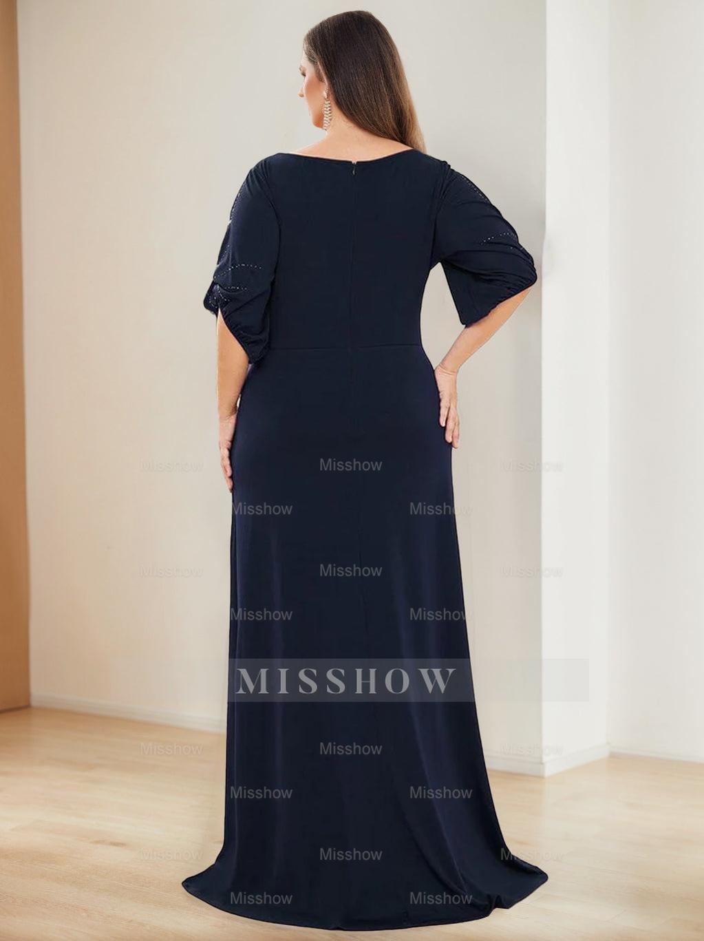 Plus Size Floor-Length A-Line Princess Mother of the Bride Dress with Hot Drill and Round Neck Half Sleeves