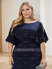 Plus Size Floor-Length A-Line Princess Mother of the Bride Dress with Hot Drill and Round Neck Half Sleeves