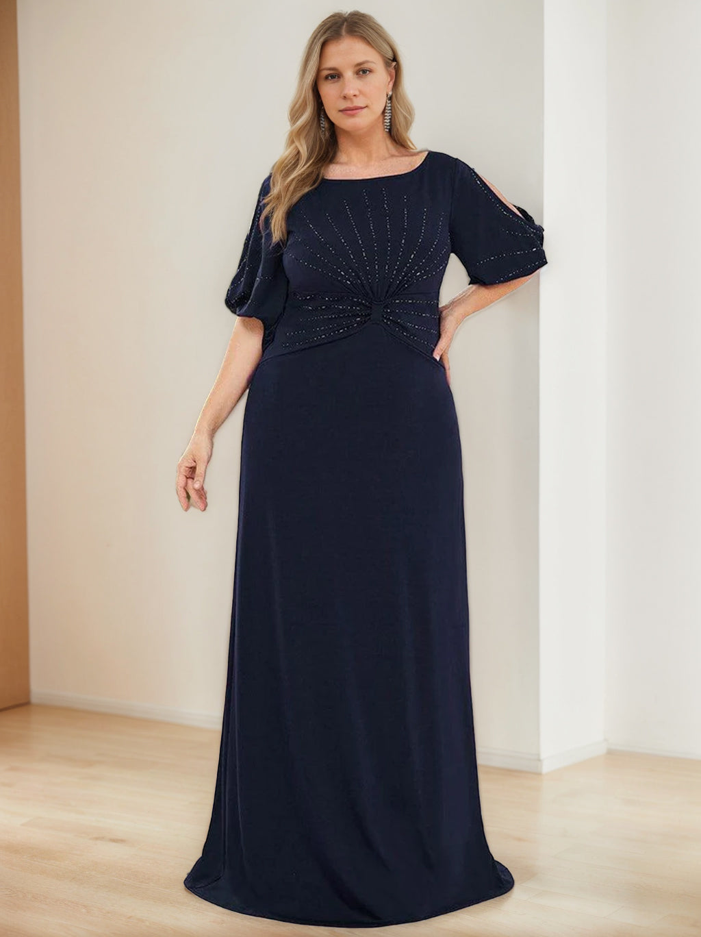 Plus Size Floor-Length A-Line Princess Mother of the Bride Dress with Hot Drill and Round Neck Half Sleeves