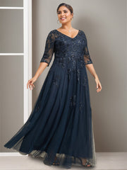 Plus Size Floor-Length A-Line Princess V-Neck Mother of the Bride Dress with Half Sleeves and Sequins