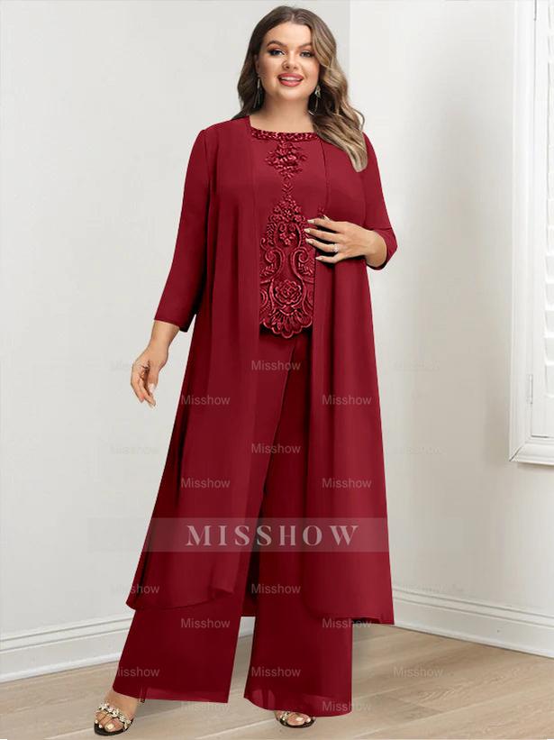 Plus Size Floor-Length Chiffon Pantsuit for the Mother of the Bride with Round Neck and Applique Jacket