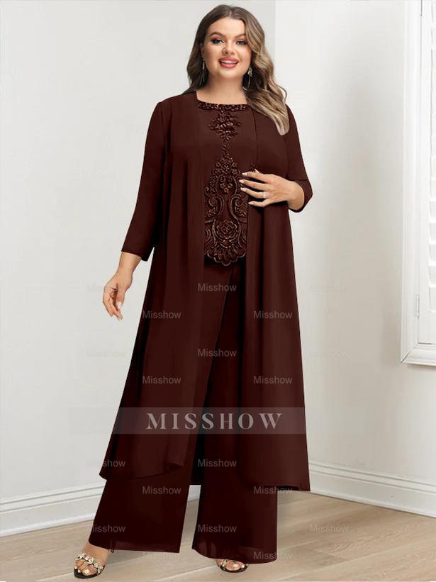 Plus Size Floor-Length Chiffon Pantsuit for the Mother of the Bride with Round Neck and Applique Jacket