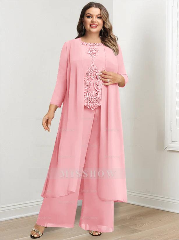 Plus Size Floor-Length Chiffon Pantsuit for the Mother of the Bride with Round Neck and Applique Jacket