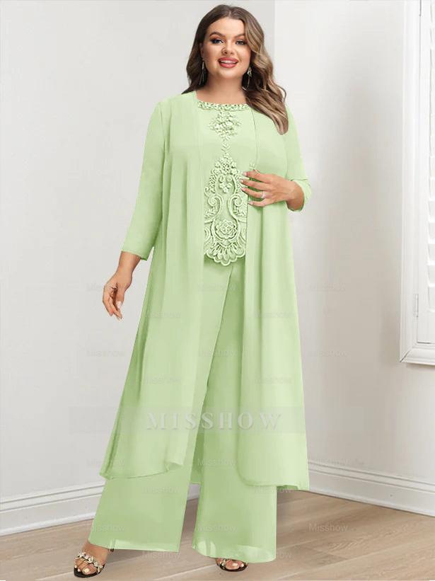 Plus Size Floor-Length Chiffon Pantsuit for the Mother of the Bride with Round Neck and Applique Jacket