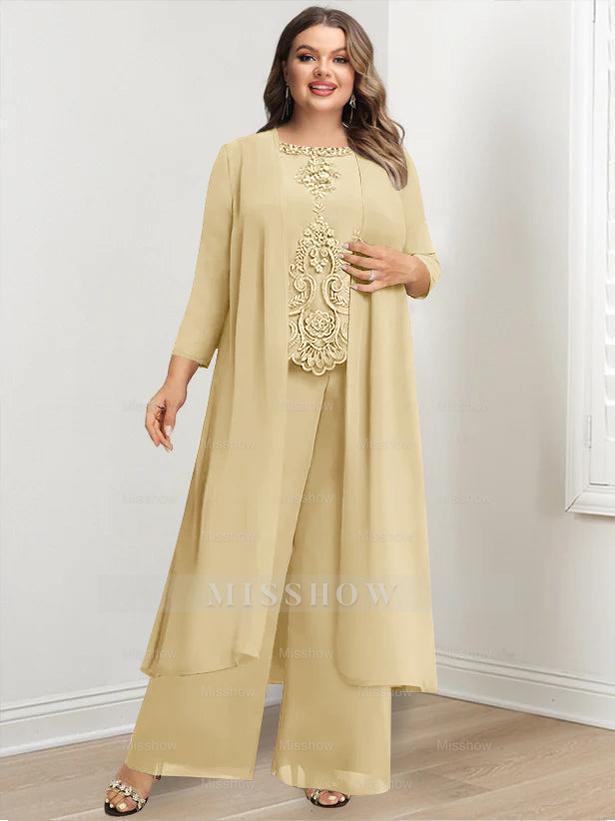 Plus Size Floor-Length Chiffon Pantsuit for the Mother of the Bride with Round Neck and Applique Jacket