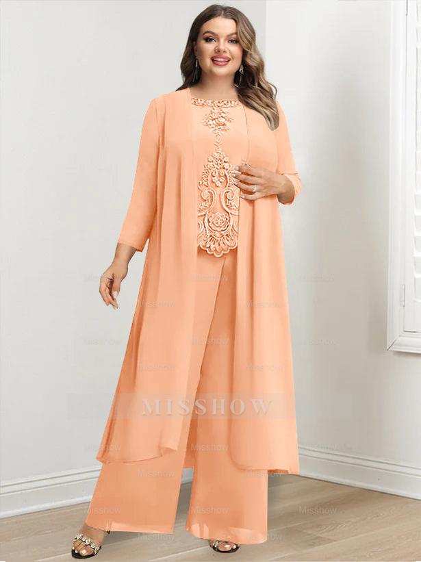 Plus Size Floor-Length Chiffon Pantsuit for the Mother of the Bride with Round Neck and Applique Jacket