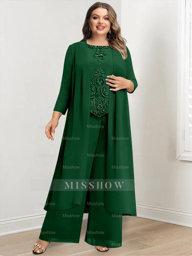 Plus Size Floor-Length Chiffon Pantsuit for the Mother of the Bride with Round Neck and Applique Jacket