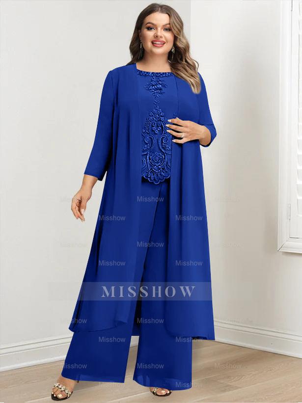 Plus Size Floor-Length Chiffon Pantsuit for the Mother of the Bride with Round Neck and Applique Jacket