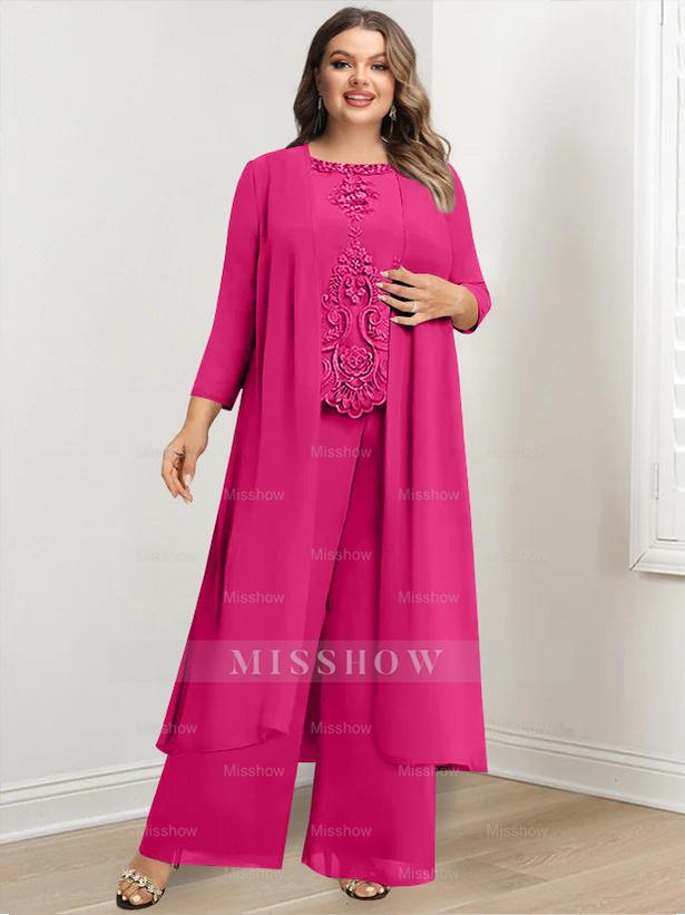 Plus Size Floor-Length Chiffon Pantsuit for the Mother of the Bride with Round Neck and Applique Jacket