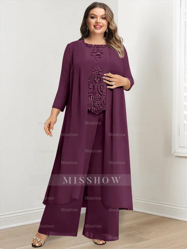 Plus Size Floor-Length Chiffon Pantsuit for the Mother of the Bride with Round Neck and Applique Jacket