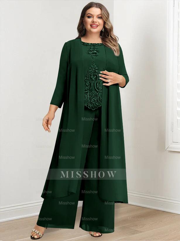 Plus Size Floor-Length Chiffon Pantsuit for the Mother of the Bride with Round Neck and Applique Jacket