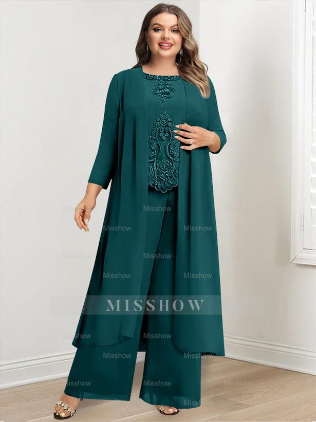 Plus Size Floor-Length Chiffon Pantsuit for the Mother of the Bride with Round Neck and Applique Jacket