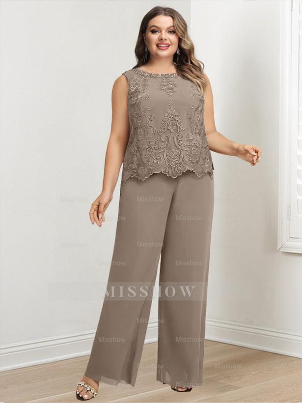 Plus Size Floor-Length Chiffon Pantsuit for the Mother of the Bride with Round Neck and Applique Jacket