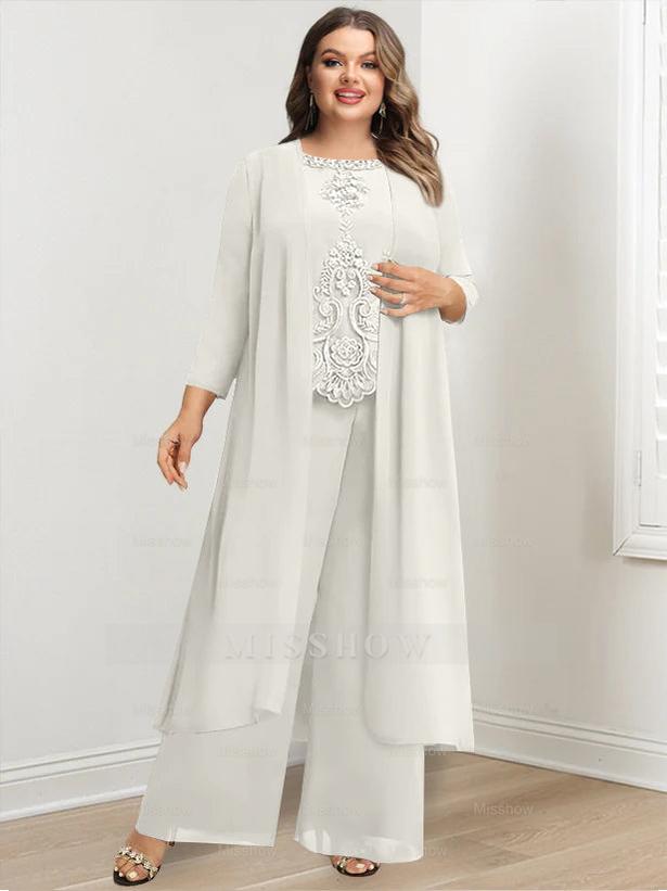 Plus Size Floor-Length Chiffon Pantsuit for the Mother of the Bride with Round Neck and Applique Jacket