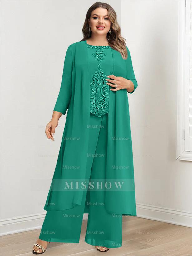 Plus Size Floor-Length Chiffon Pantsuit for the Mother of the Bride with Round Neck and Applique Jacket