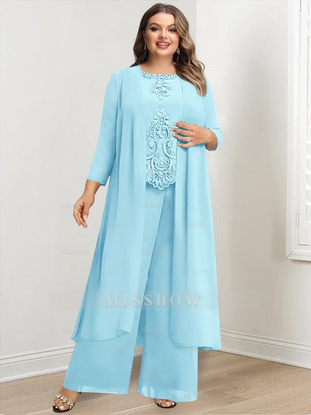Plus Size Floor-Length Chiffon Pantsuit for the Mother of the Bride with Round Neck and Applique Jacket