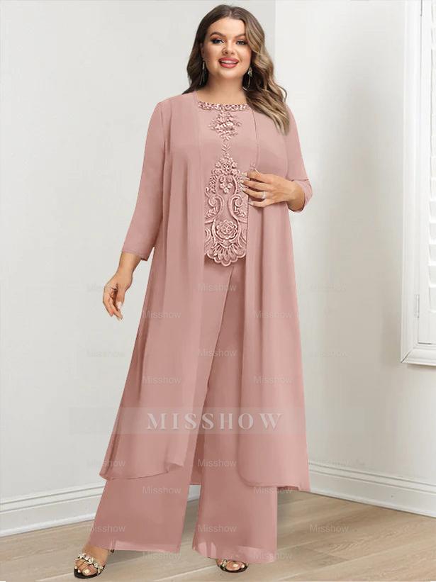 Plus Size Floor-Length Chiffon Pantsuit for the Mother of the Bride with Round Neck and Applique Jacket